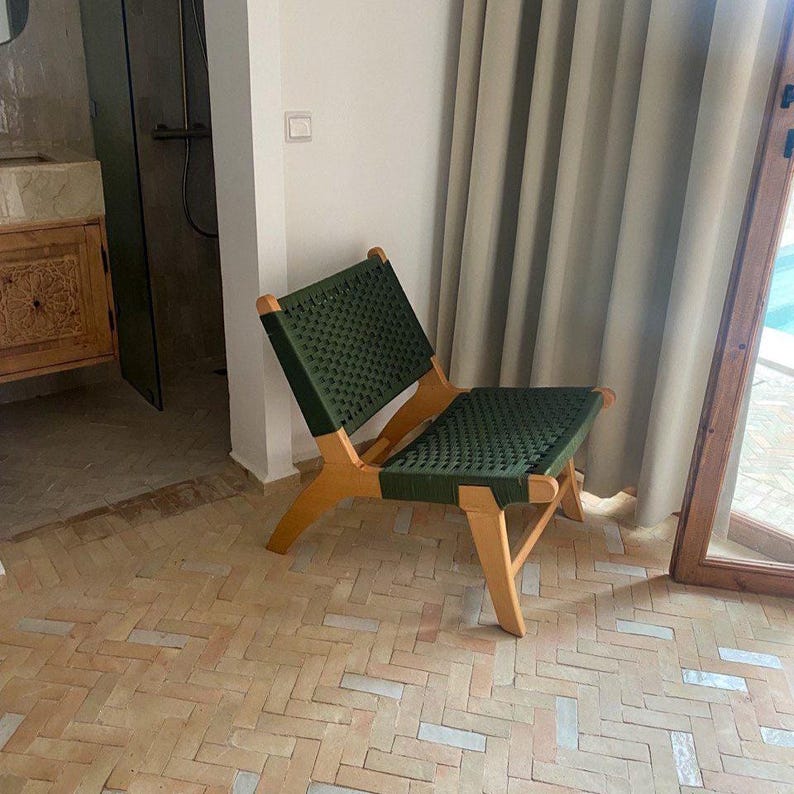 Walnut Lounge Chair – Handmade with Green Woven Seat