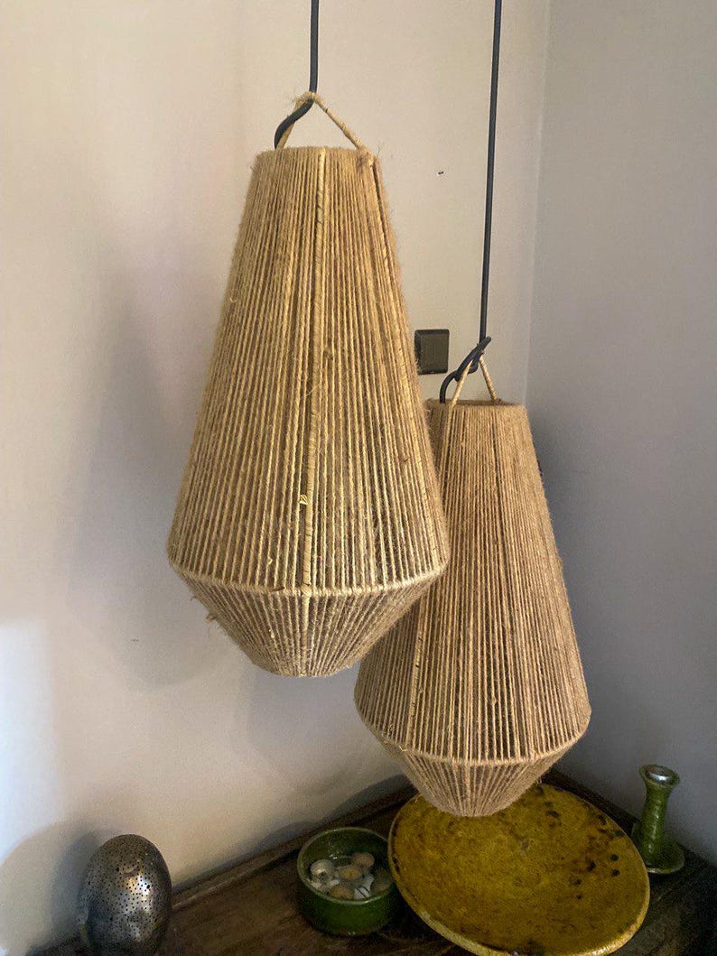 Set of 2 Large Jute Pendant Lamps – Handmade Boho Rope Ceiling Lights