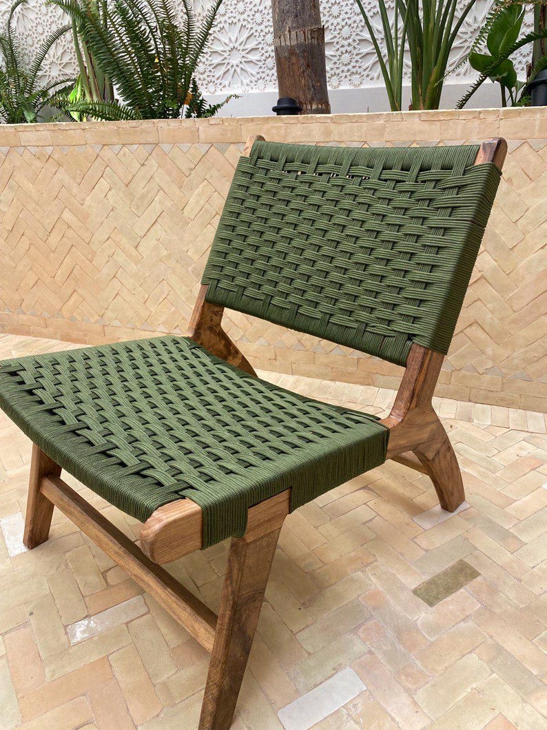 Walnut Lounge Chair – Handmade with Green Woven Seat