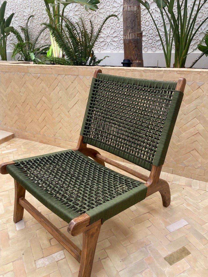 Walnut Lounge Chair – Handmade with Green Woven Seat
