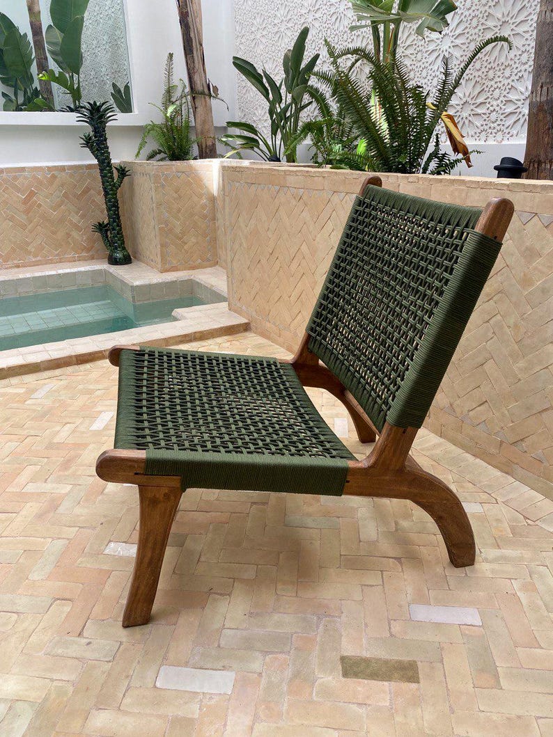Walnut Lounge Chair – Handmade with Green Woven Seat