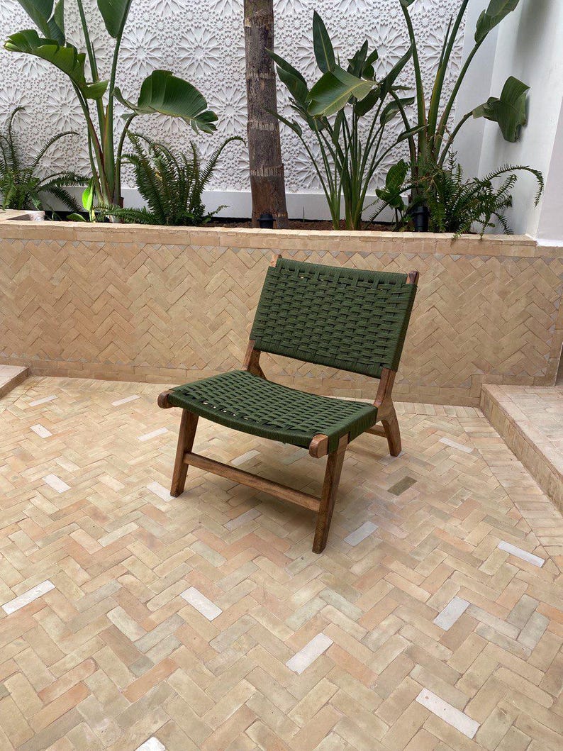 Walnut Lounge Chair – Handmade with Green Woven Seat