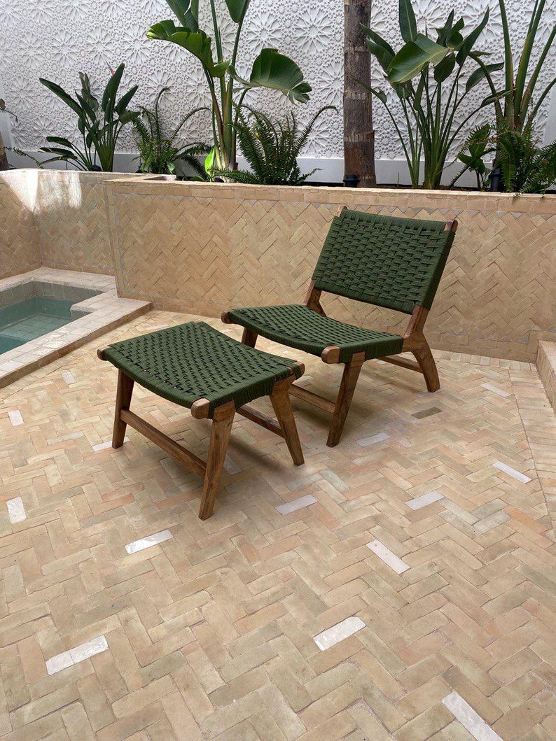 Walnut Lounge Chair & Stool Set – Green Woven Handmade
