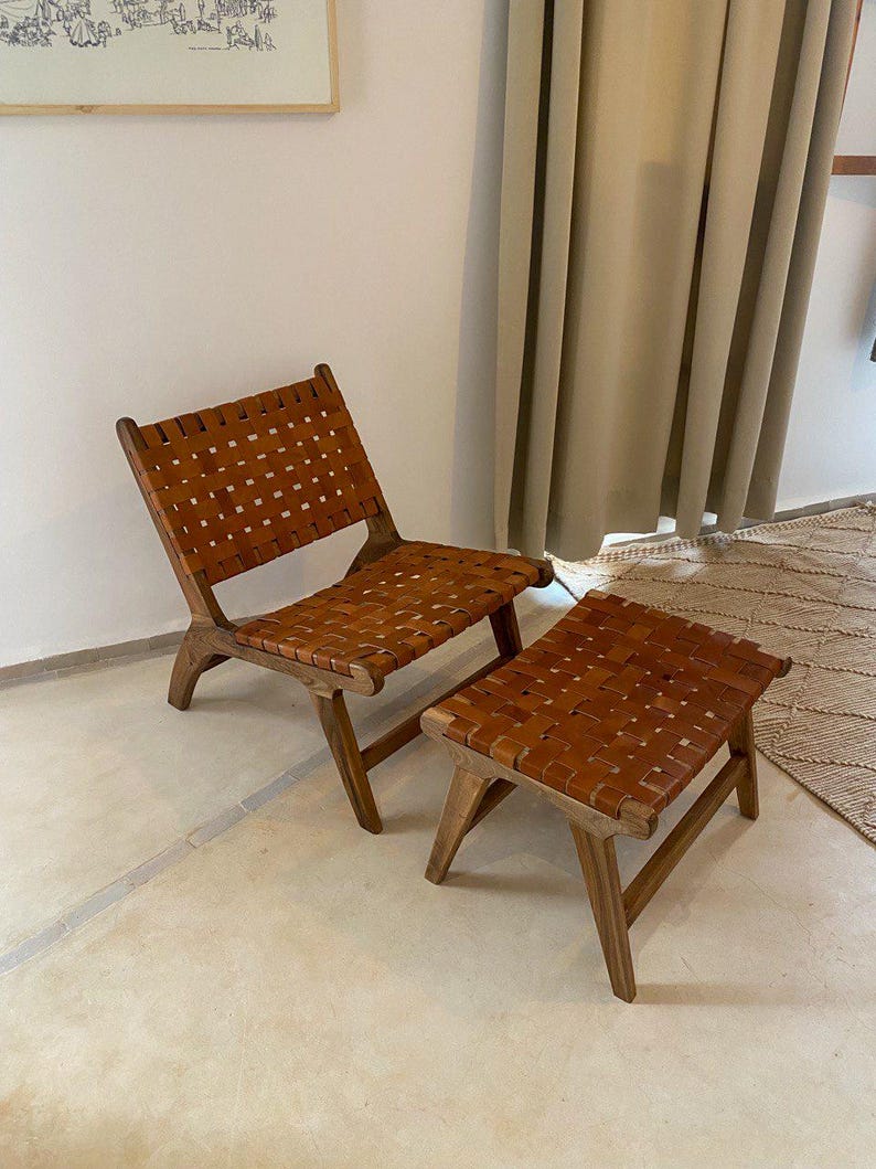 Walnut Lounge Chair & Stool Set – Woven Leather Handmade