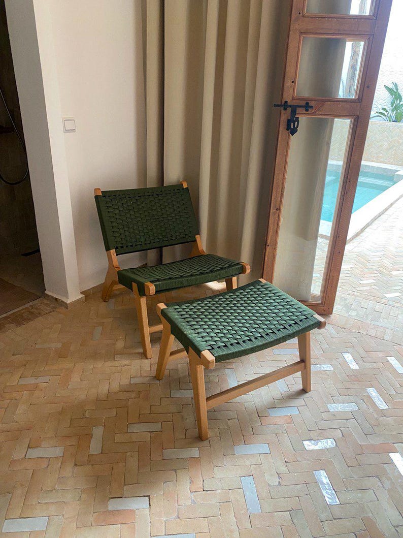 Walnut Lounge Chair & Stool Set – Green Woven Handmade