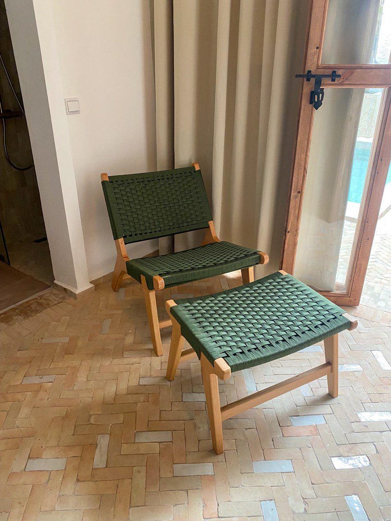 Walnut Lounge Chair & Stool Set – Green Woven Handmade