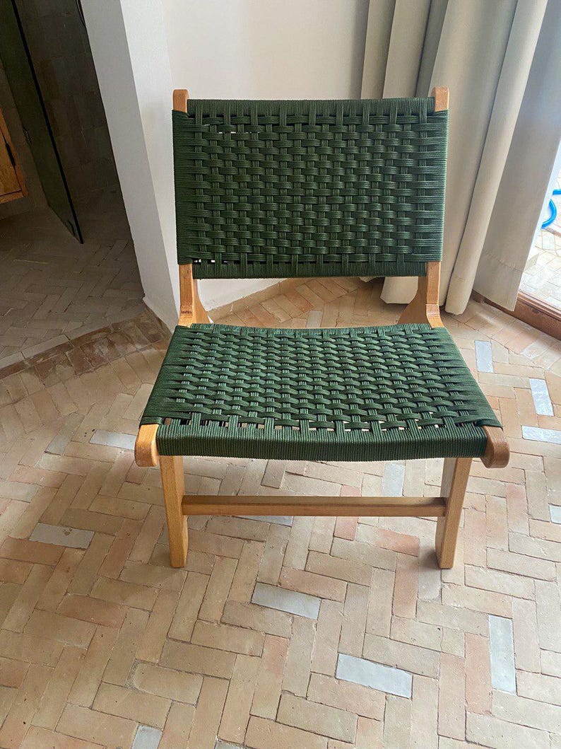 Walnut Lounge Chair – Handmade with Green Woven Seat