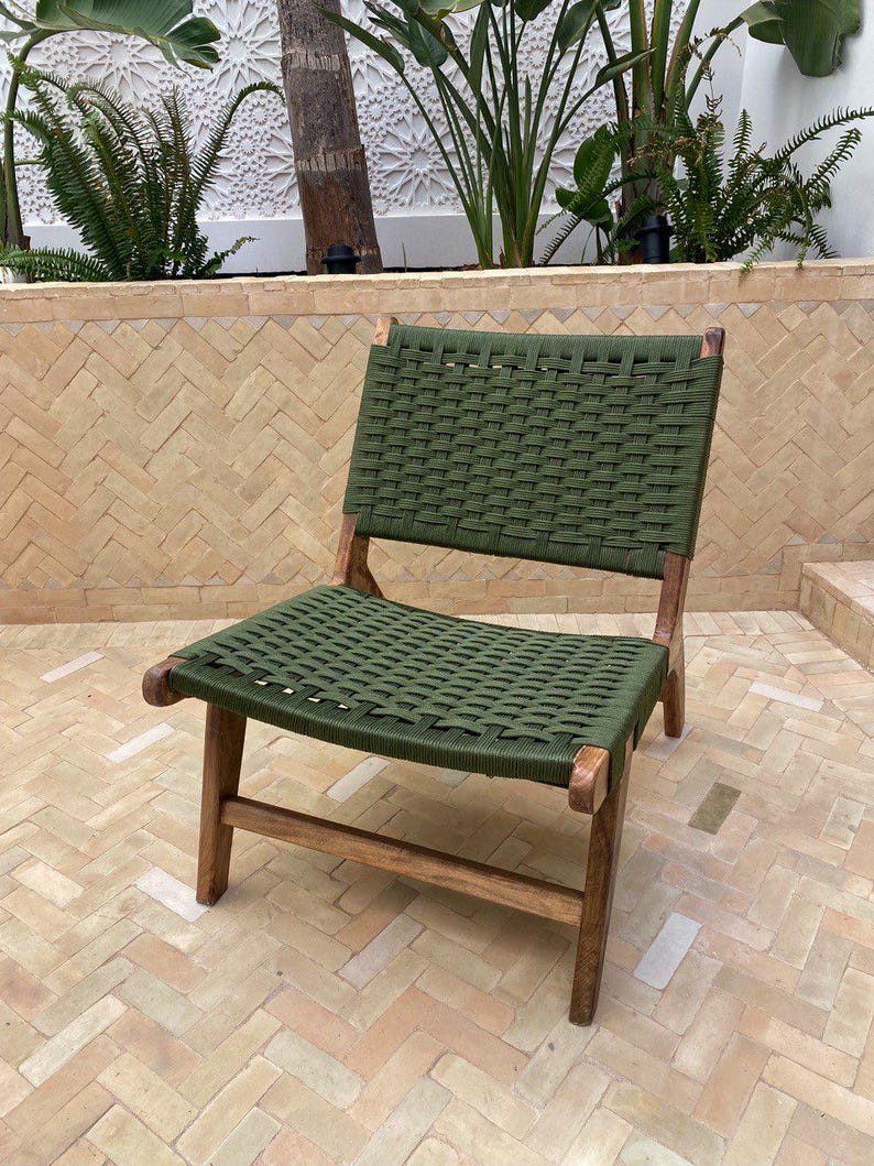 Walnut Lounge Chair – Handmade with Green Woven Seat
