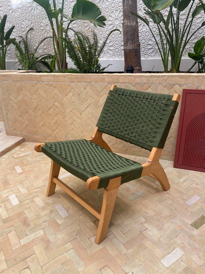 Walnut Lounge Chair – Handmade with Green Woven Seat