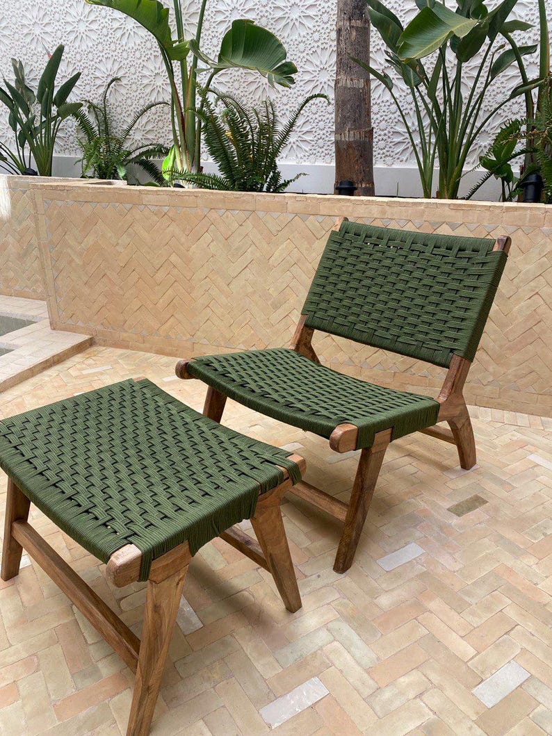 Walnut Lounge Chair & Stool Set – Green Woven Handmade