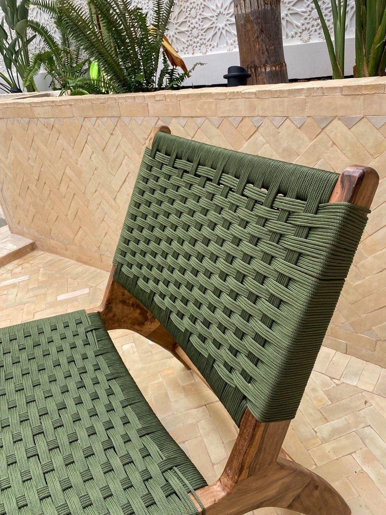 Walnut Lounge Chair & Stool Set – Green Woven Handmade