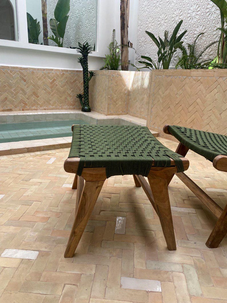 Walnut Lounge Chair & Stool Set – Green Woven Handmade