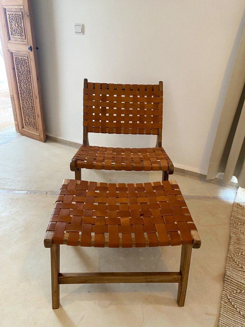 Walnut Lounge Chair & Stool Set – Woven Leather Handmade