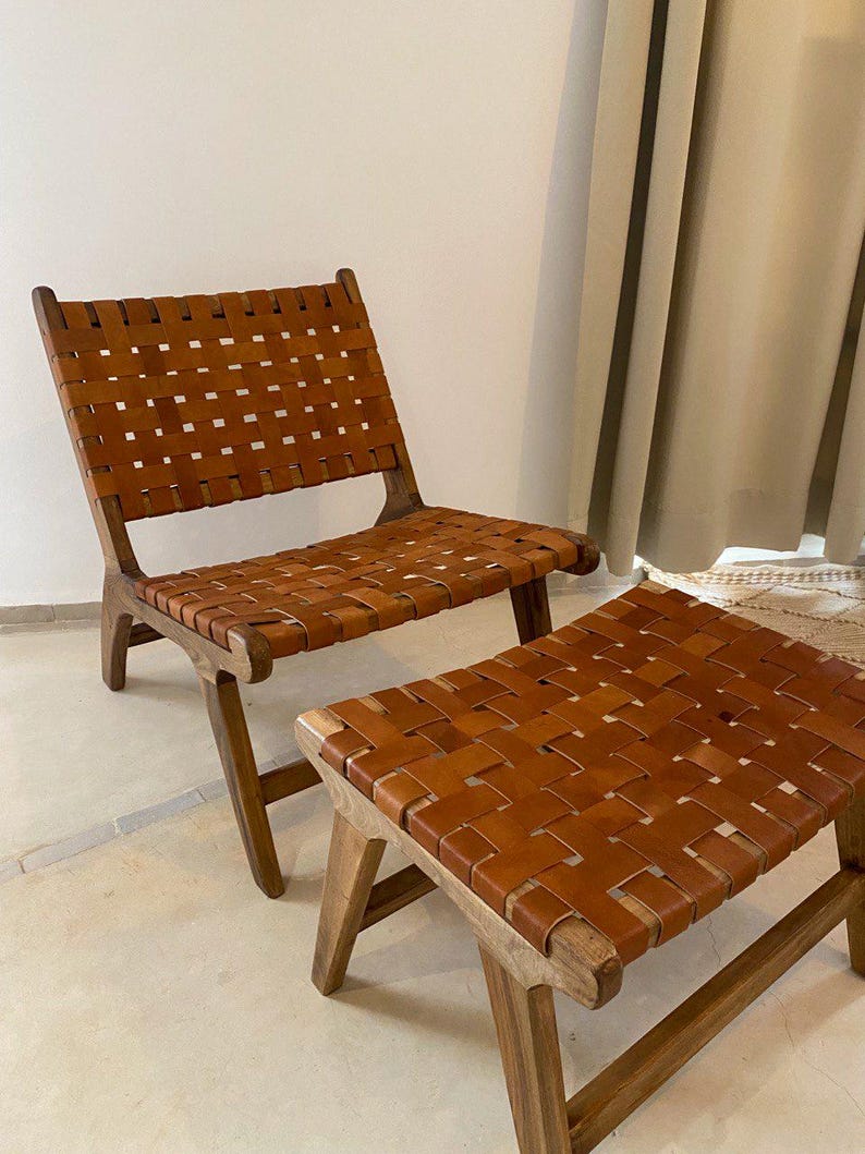Walnut Lounge Chair & Stool Set – Woven Leather Handmade
