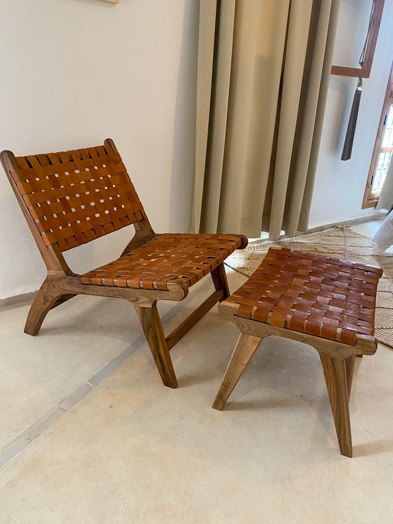 Walnut Lounge Chair & Stool Set – Woven Leather Handmade