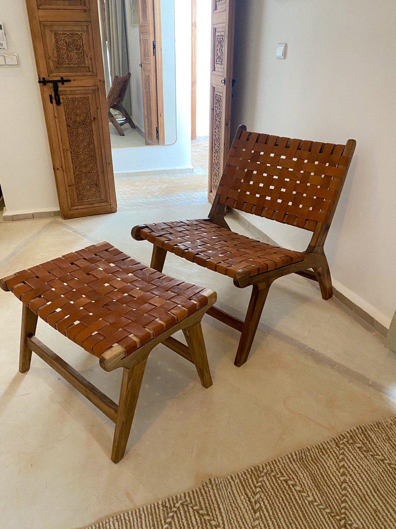 Walnut Lounge Chair & Stool Set – Woven Leather Handmade