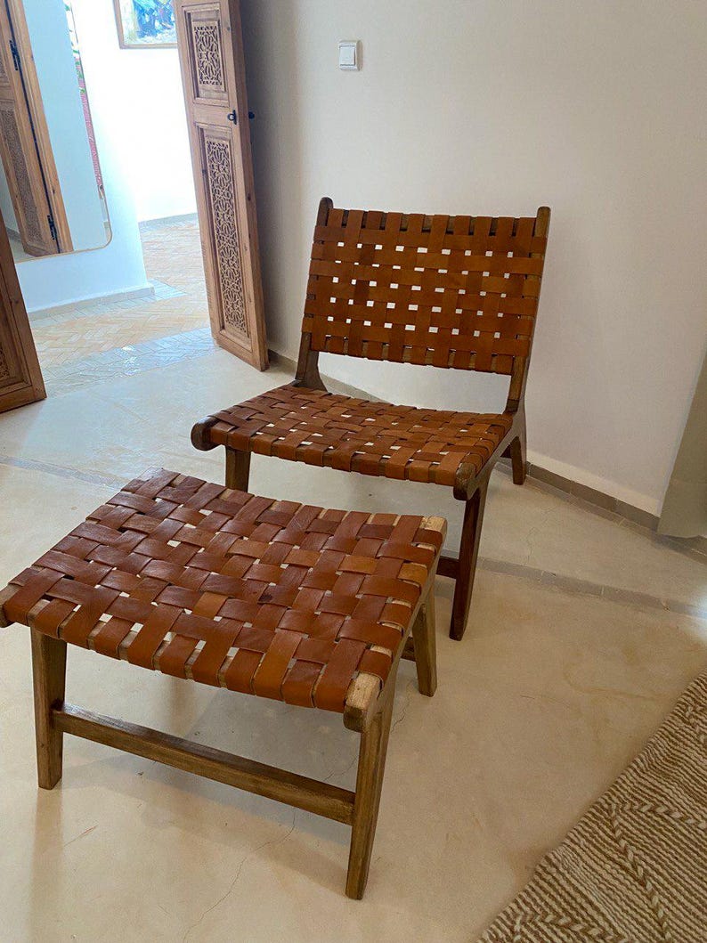 Walnut Lounge Chair & Stool Set – Woven Leather Handmade