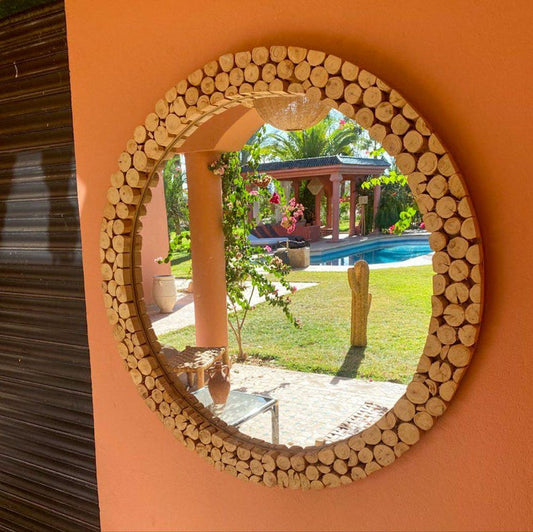 Round Rustic Wooden Frame Mirror – Handmade Natural Design