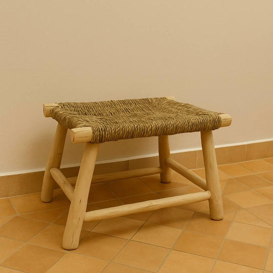 Handwoven Natural Cord Stool – Rustic Wood Frame