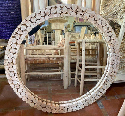 Round Rustic Wooden Frame Mirror – Handmade Natural Design