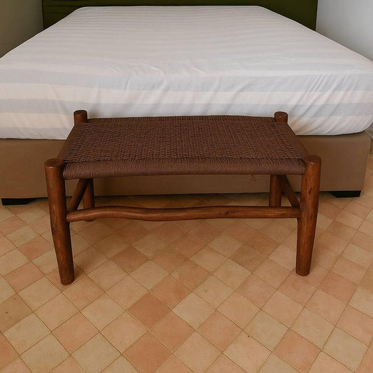 Handwoven Brown Cord Bench – Solid Dark Wood Frame