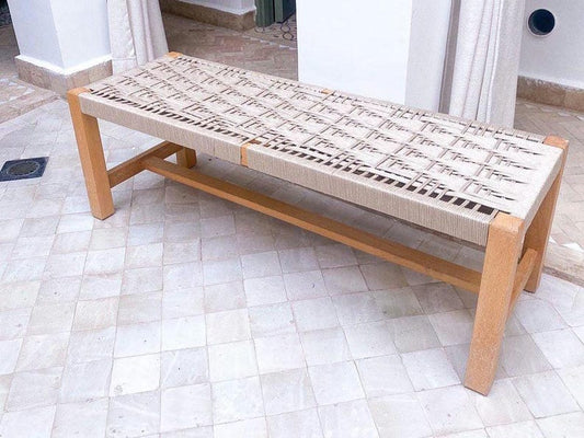 Handwoven Geometric Cord Bench – Solid Walnut Rectangular Wood Frame