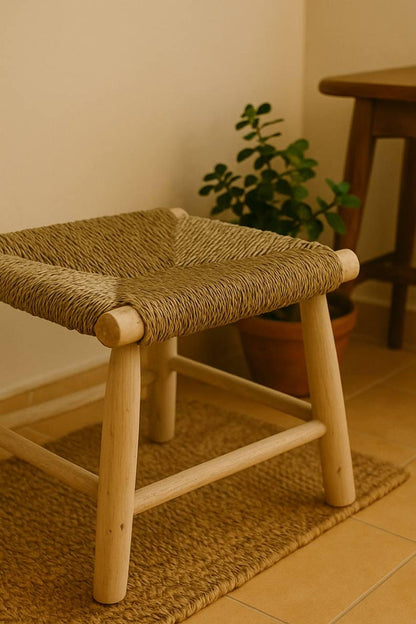 Handwoven Natural Cord Stool – Rustic Wood Frame