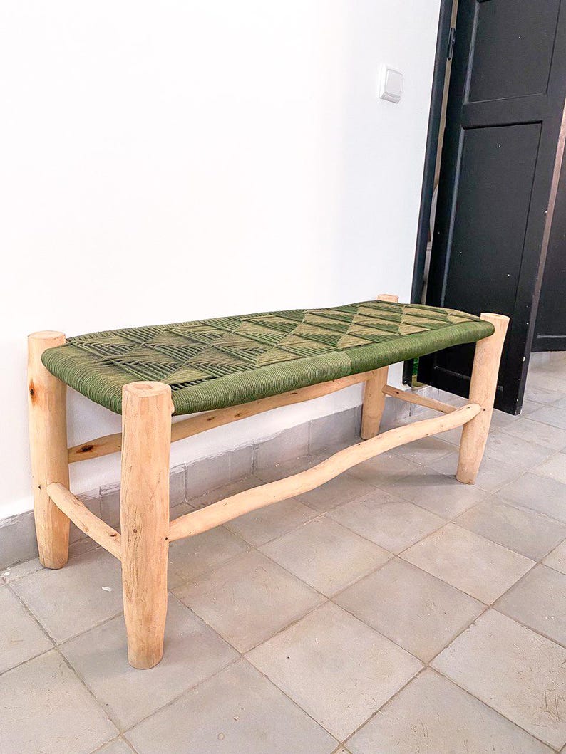 Handwoven Green Cord Bench – Rustic Natural Wood Frame