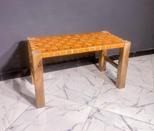 Walnut Leather Woven Bench – Handmade Solid Wood Frame