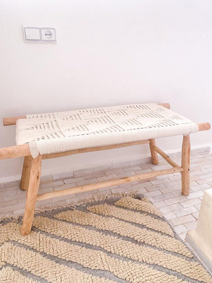 Handwoven White Cord Bench – Natural Rustic Wood Frame