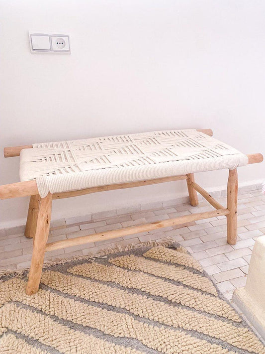 Handwoven White Cord Bench – Natural Rustic Wood Frame
