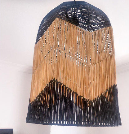 Handmade Raffia Pendant Light – Black & Beige Bohemian Lamp