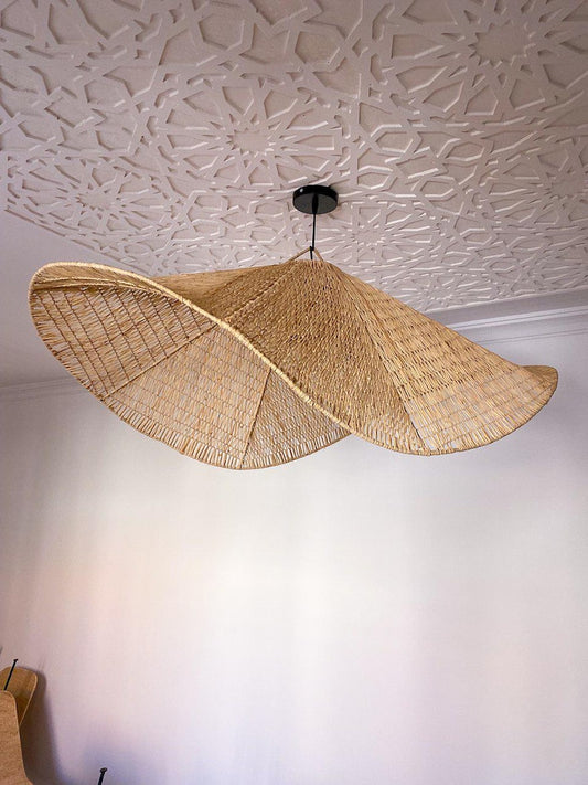 Suspension plate en raphia – Plafonnier bohème tressé naturel