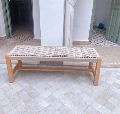 Handwoven Geometric Cord Bench – Solid Walnut Rectangular Wood Frame