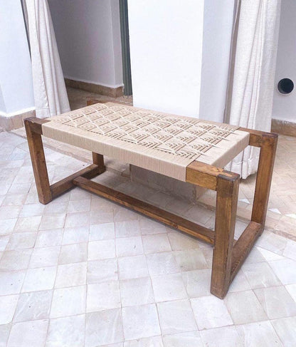 Handwoven Geometric Cord Bench – Solid Walnut Wood Frame