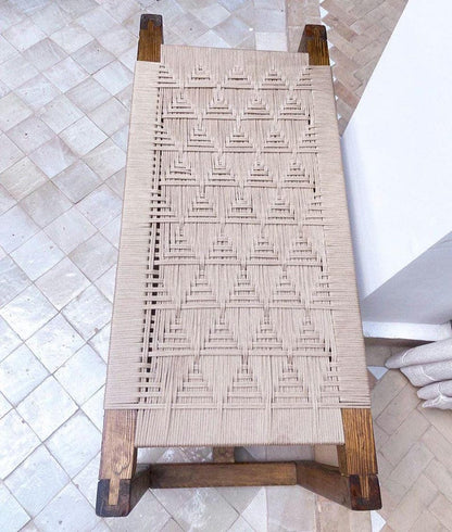 Handwoven Geometric Cord Bench – Solid Walnut Wood Frame