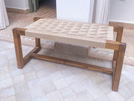 Handwoven Geometric Cord Bench – Solid Walnut Wood Frame