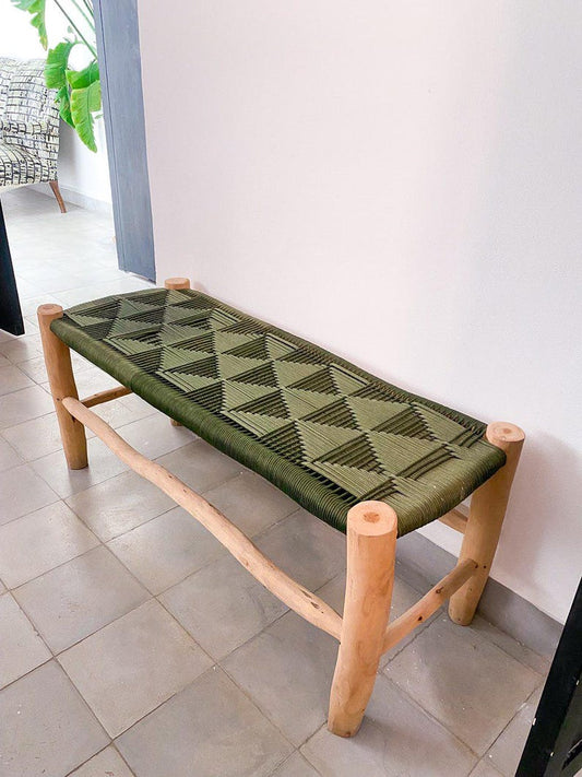Handwoven Green Cord Bench – Rustic Natural Wood Frame