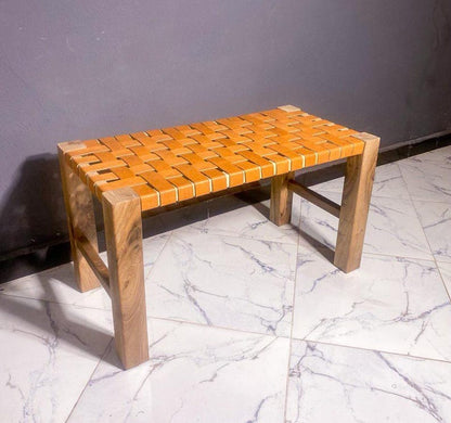 Walnut Leather Woven Bench – Handmade Solid Wood Frame
