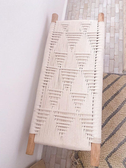 Handwoven White Cord Bench – Natural Rustic Wood Frame