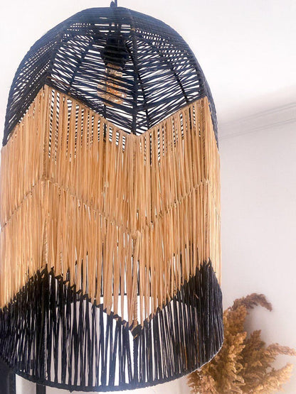Handmade Raffia Pendant Light – Black & Beige Bohemian Lamp