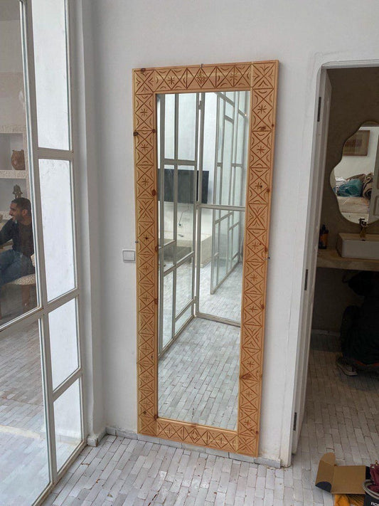 Handcrafted Wooden Mirror – Carved Geometric Frame