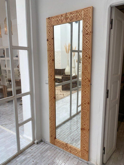 Handcrafted Wooden Mirror – Carved Geometric Frame