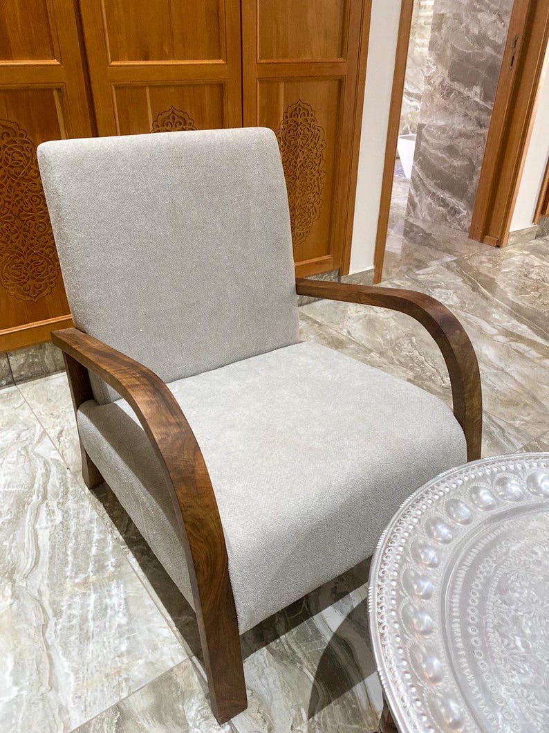 Upholstered Armchair with Walnut Wood Frame – Handmade