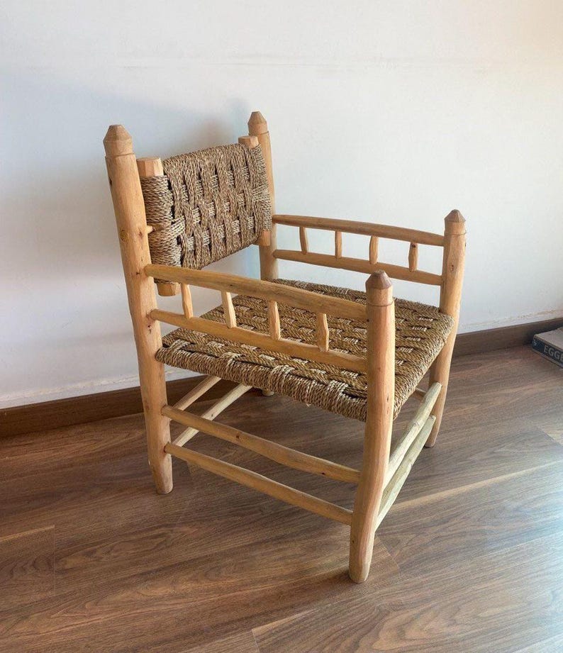 Rustic Wooden Armchair with Woven Seat – Handmade