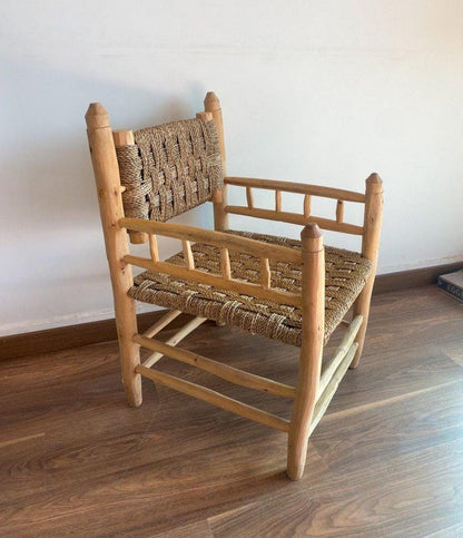 Rustic Wooden Armchair with Woven Seat – Handmade