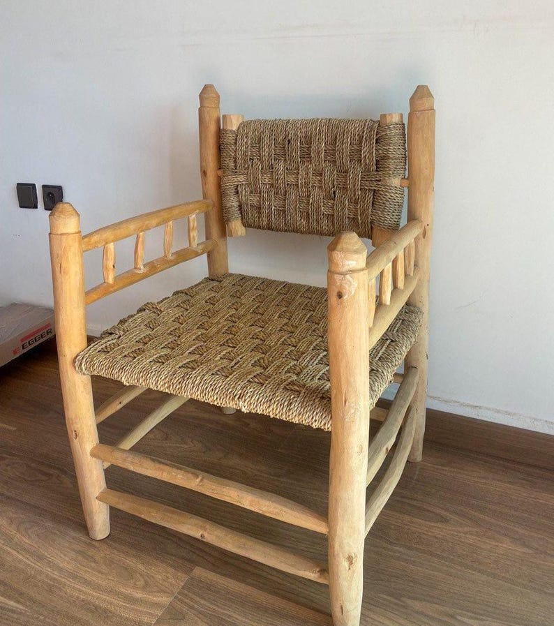 Rustic Wooden Armchair with Woven Seat – Handmade