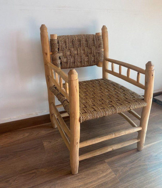 Rustic Wooden Armchair with Woven Seat – Handmade