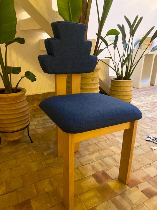 Handmade Geometric-Back Chair with Upholstered Seat