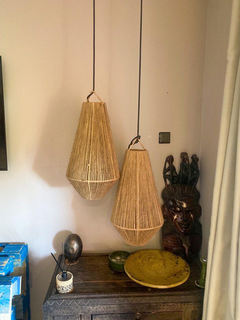 Set of 2 Large Jute Pendant Lamps – Handmade Boho Rope Ceiling Lights